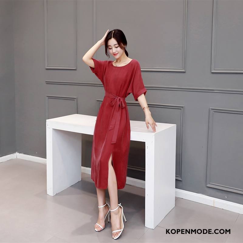 Jurken Dames 2018 Eenvoudige Elegante Casual Trend Losse Effen Kleur Rood Oranje