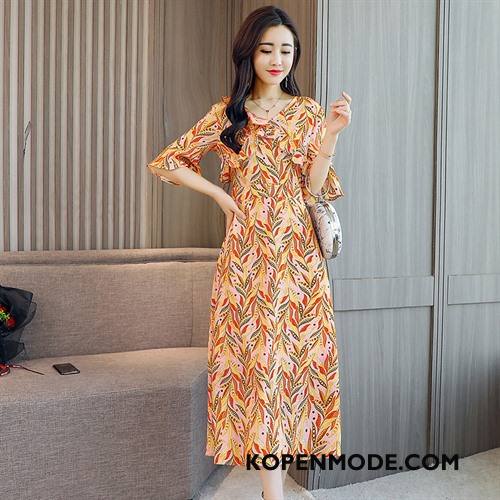 Jurken Dames Elegante Korte Mouw 2018 Slim Fit Zomer Comfortabele Effen Kleur Oranje