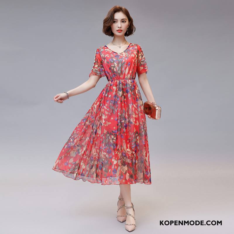 Jurken Dames Mid Taille Zomer 2018 Eenvoudige Trend Elegante Effen Kleur Rood