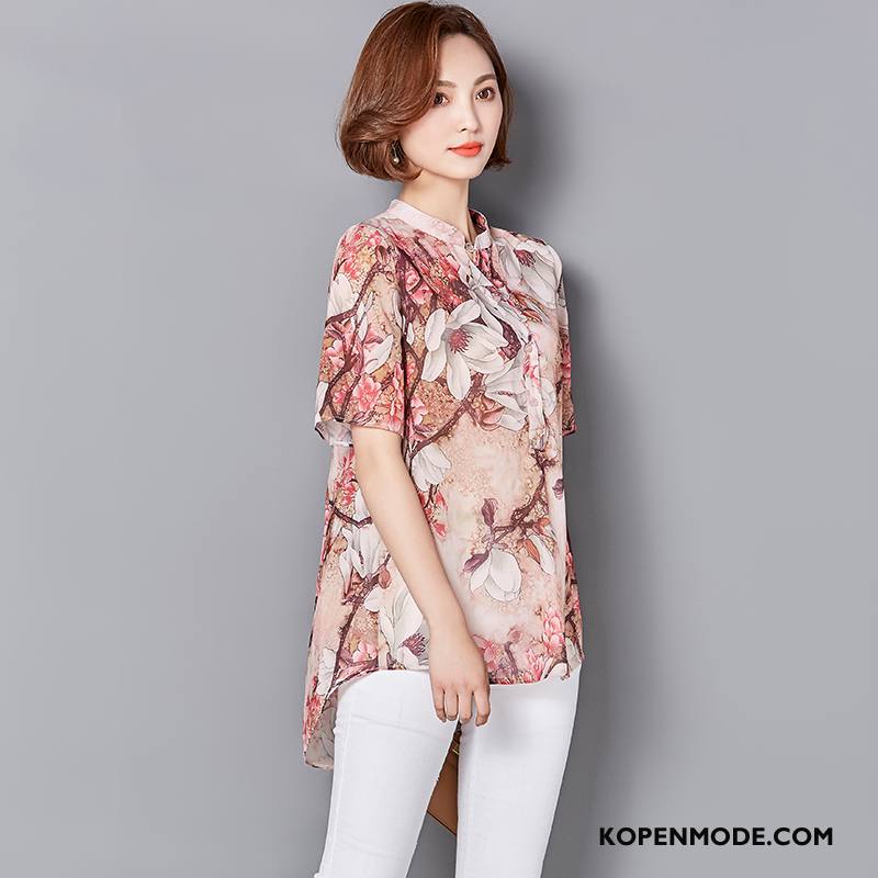 Overhemden Dames Bloemen Blouse Overhemd Korte Mouw Mode 2018 Pullover Roze