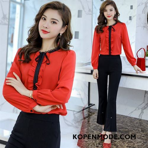 Overhemden Dames Lang Blouse Overhemd Rechtdoor Met Één Rij Knoppen Katoen Slim Fit Rood