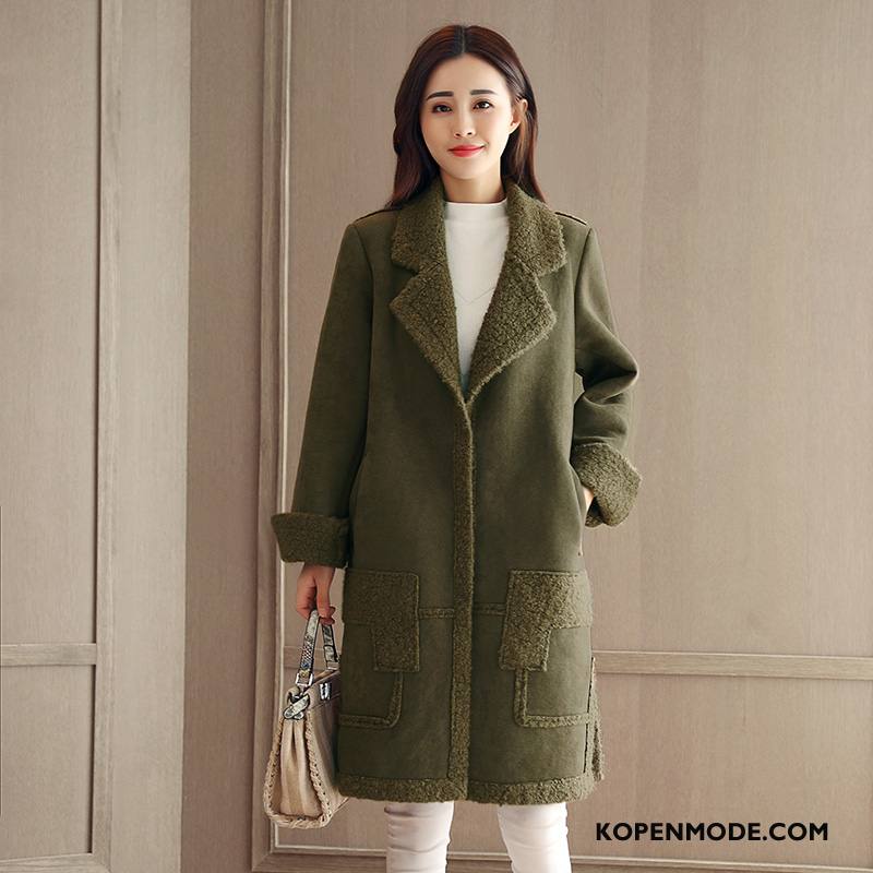 Overjas Dames Trend Casual Jas Wol Mode Winter Lang Legergroene Effen Kleur