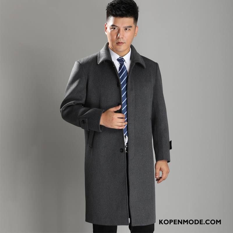 Overjas Heren Winter Lange Trenchcoat Revers Jas Wol Mannen Zwart