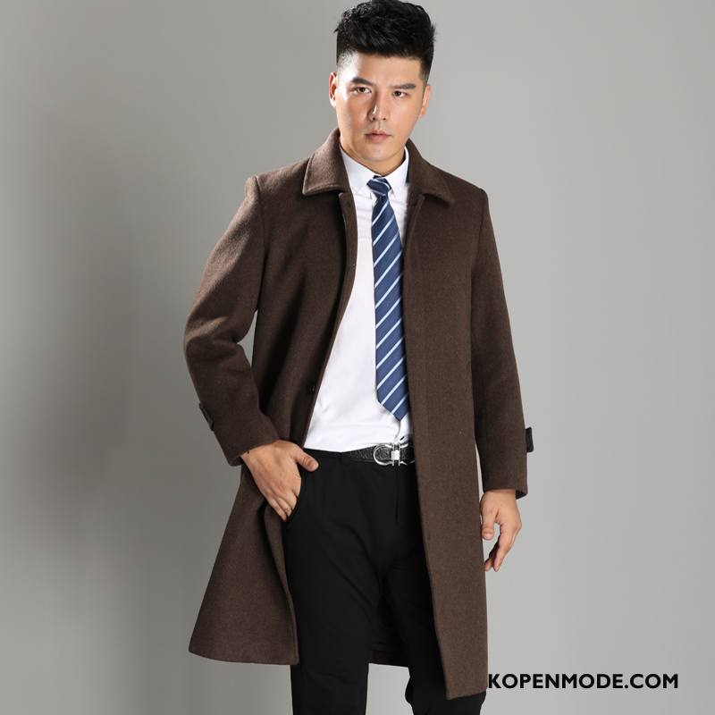 Overjas Heren Winter Lange Trenchcoat Revers Jas Wol Mannen Zwart