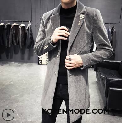 Overjas Heren Wollen Doek Slim Fit Mannen Trend Nieuw Trenchcoat Grijs