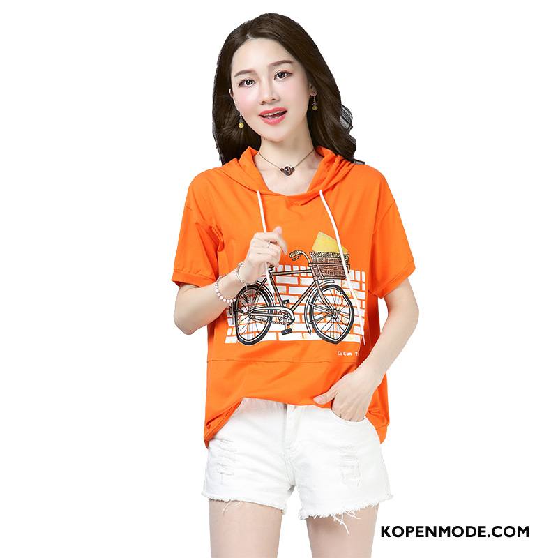 T-shirts Dames Zomer Losse Eenvoudige Elegante Trend 2018 Effen Kleur Oranje