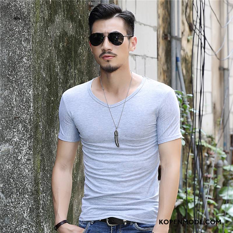 T-shirts Heren Slim Fit Nieuw Korte Mouw Trend Halve Mouw Mannen Effen Kleur Bruine