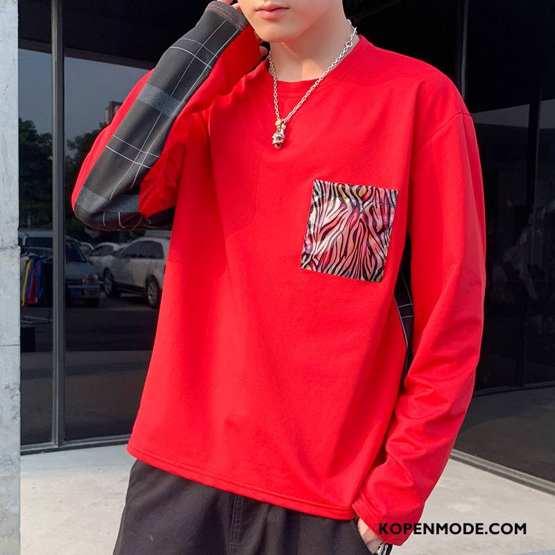 T-shirts Heren Trend T-shirt Lange Mouw Mannen Lange Mouwen Herfst Hoodie Rood Wit