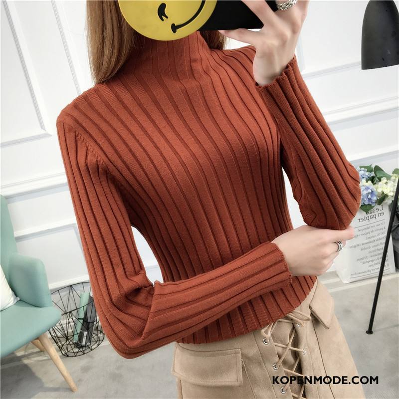 Truien Dames 2018 Gebreid Hemd Lange Mouwen Pullover Elegante Winter Roze Rood Effen Kleur