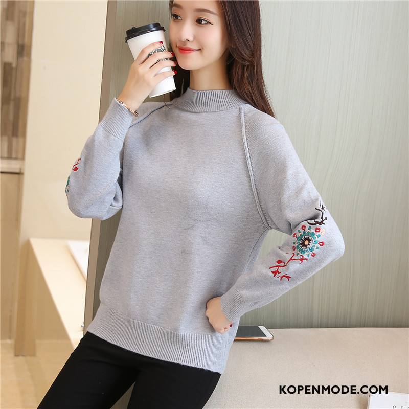 Truien Dames Lange Mouwen Eenvoudige Blending Pullover Gebreid Hemd Slim Fit Rode Wijn