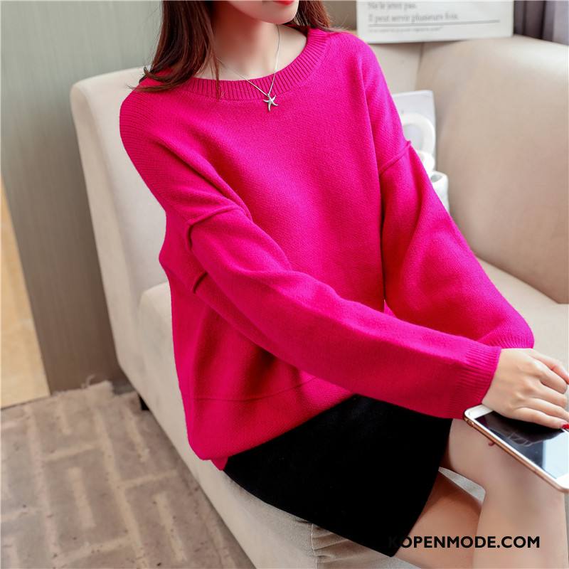 Truien Dames Mode Lange Mouwen Kort Straat Gebreid Hemd Mooi Roze Rood Effen Kleur