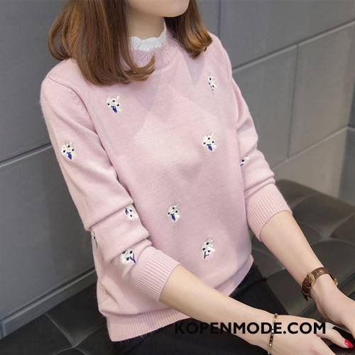 Truien Dames Slim Fit Stad Pullover Lange Mouwen Eenvoudige Gebreid Hemd Roze Rood