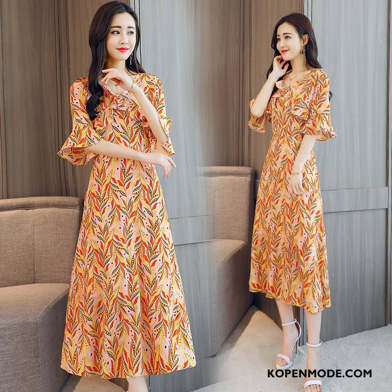 Jurken Dames Elegante Korte Mouw 2018 Slim Fit Zomer Comfortabele Effen Kleur Oranje