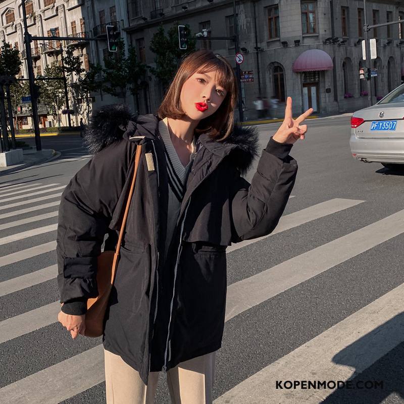 Katoenen Jas Dames Dikke Groot Vrouwen Winter Lange Mouwen Bontkraag Zwart