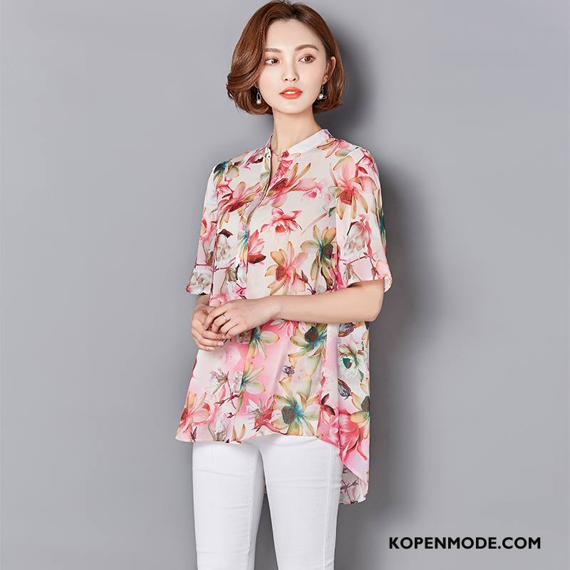 Overhemden Dames Bloemen Blouse Overhemd Korte Mouw Mode 2018 Pullover Roze